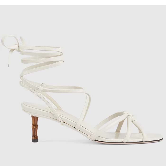 Gucci Women GG Strappy Sandal Bamboo White Leather Bamboo Low Heel