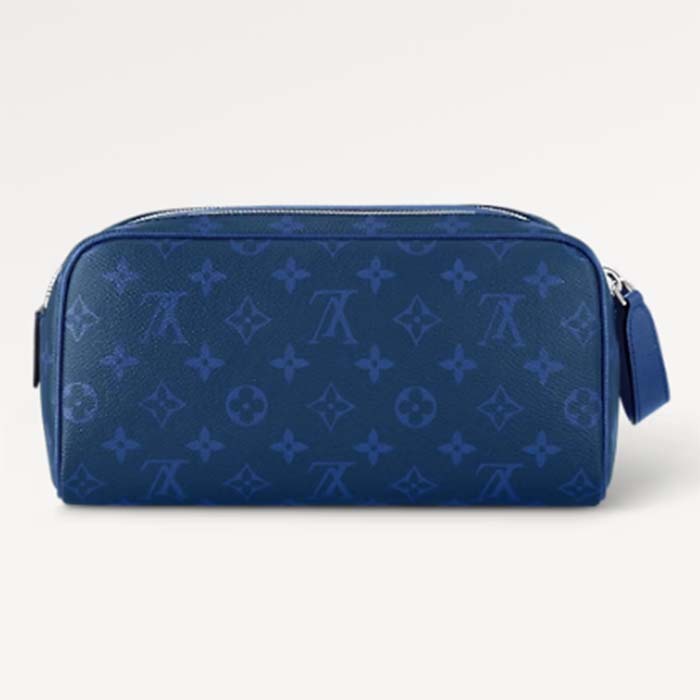 Louis Vuitton LV Unisex Dopp Kit Toilet Pouch Blue Taiga Cowhide Leather Monogram Coated Canvas