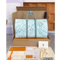 Louis Vuitton LV Unisex Keepall Bandoulière 50 Crystal Blue Monogram Aquagarden Coated Canvas