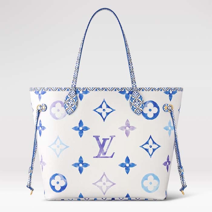Louis Vuitton LV Unisex Neverfull MM Blue Monogram Coated Canvas Textile Lining