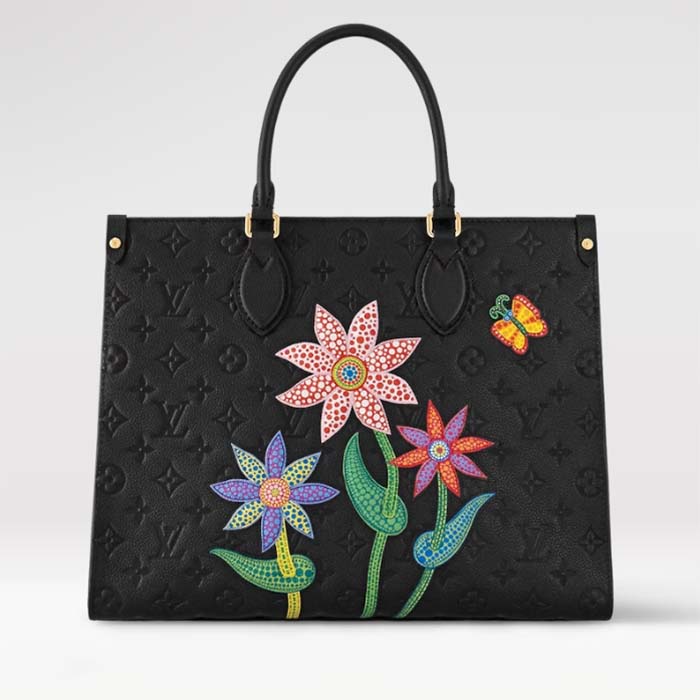 Louis Vuitton LV Women LV x YK OnTheGo MM Black Embossed Grained Monogram Cowhide Leather Flower