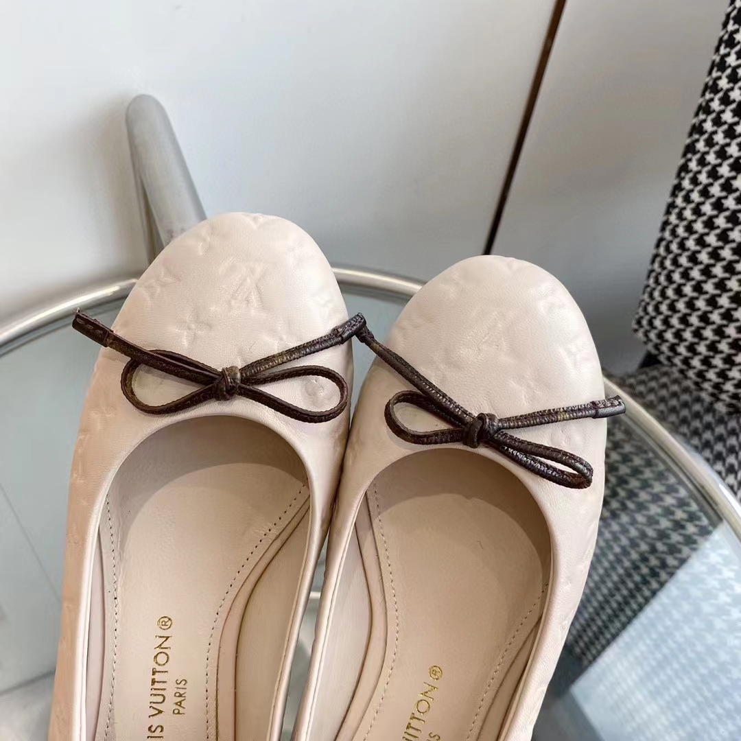 Louis Vuitton LV Women Nina Flat Ballerina Nude Pink Monogram Embossed Calf Leather Bow