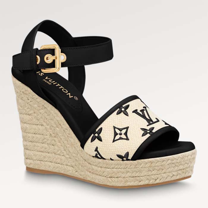 Louis Vuitton LV Women Starboard Wedge Sandal Black Monogram-Embroidered Cotton Rope Sole