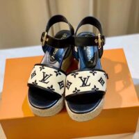Louis Vuitton LV Women Starboard Wedge Sandal Black Monogram-Embroidered Cotton Rope Sole (1)