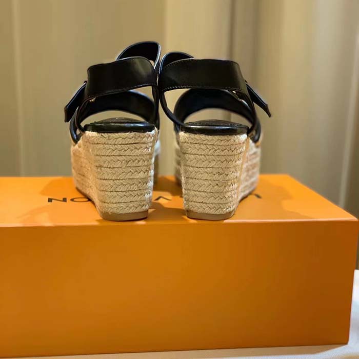 Louis Vuitton LV Women Starboard Wedge Sandal Black Monogram-Embroidered Cotton Rope Sole