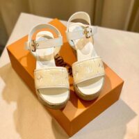 Louis Vuitton LV Women Starboard Wedge Sandal White Monogram-Embroidered Cotton (8)