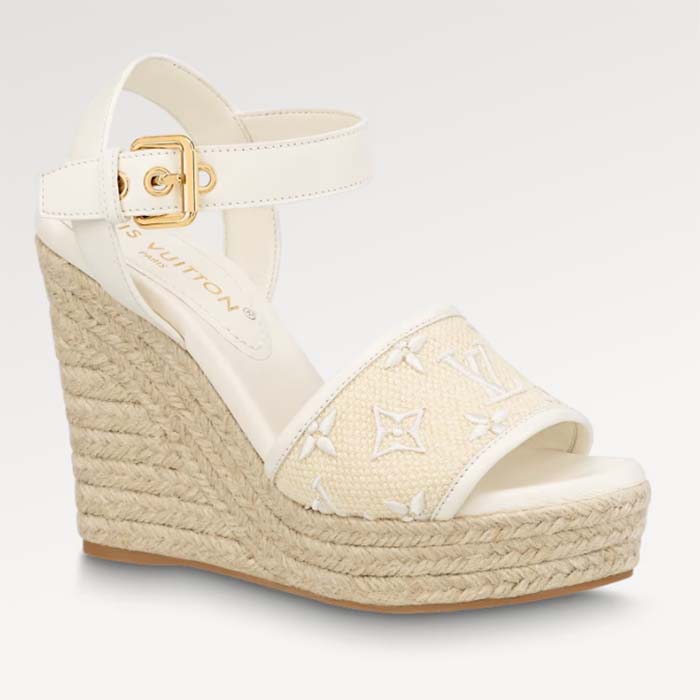 Louis Vuitton LV Women Starboard Wedge Sandal White Monogram-Embroidered Cotton Rope Sole