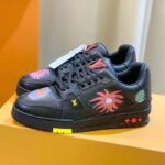 Louis Vuitton Unisex LV x YK LV Trainer Sneaker Black Printed Grained Calf Leather Monogram Flowers - immagine 3