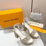 Louis Vuitton Women LV Fame Platform Sandal Beige Monogram Denim Leather 11.5 CM Heel – Bild 3