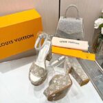 Louis Vuitton Women LV Fame Platform Sandal Beige Monogram Denim Leather 11.5 CM Heel – Bild 4