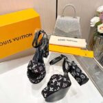 Louis Vuitton Women LV Fame Platform Sandal Black Monogram Denim Leather 11.5 CM Heel - Imagen 4
