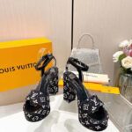 Louis Vuitton Women LV Fame Platform Sandal Black Monogram Denim Leather 11.5 CM Heel - Imagen 5