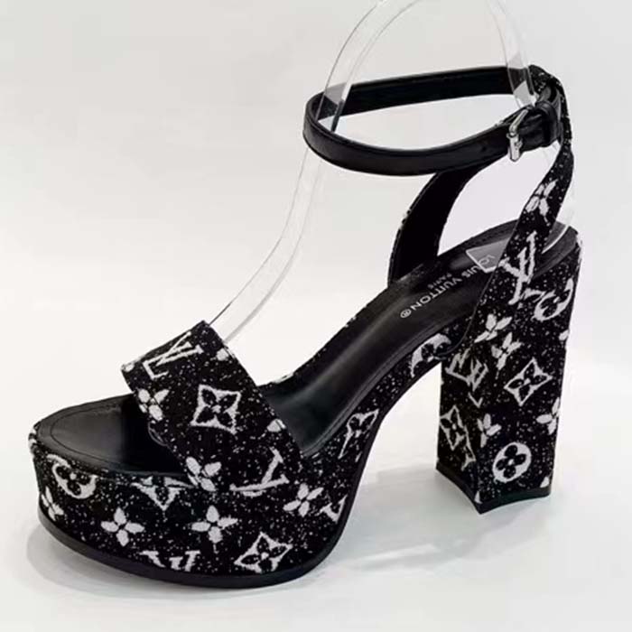 Louis Vuitton Women LV Fame Platform Sandal Black Monogram Denim Leather 11.5 CM Heel