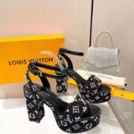 Louis Vuitton Women LV Fame Platform Sandal Black Monogram Denim Leather 11.5 CM Heel - Imagen 6