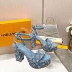 Louis Vuitton Women LV Fame Platform Sandal Blue Monogram Denim Leather 11.5 CM Heel - Imagen 2