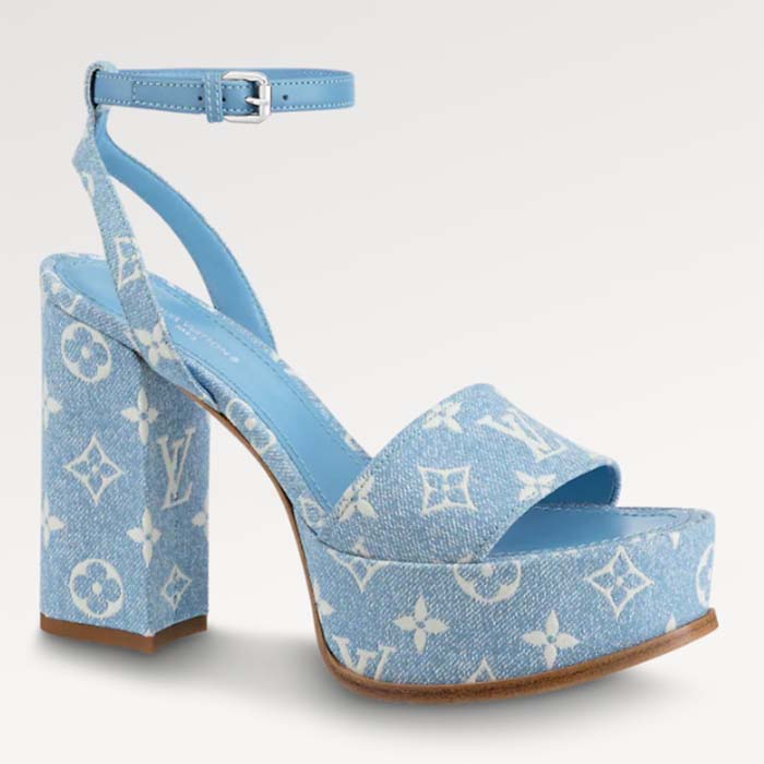 Louis Vuitton Women LV Fame Platform Sandal Blue Monogram Denim Leather 11.5 CM Heel