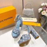 Louis Vuitton Women LV Fame Platform Sandal Blue Monogram Denim Leather 11.5 CM Heel - Imagen 6