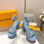 Louis Vuitton Women LV Fame Platform Sandal Blue Monogram Denim Leather 11.5 CM Heel - Imagen 4