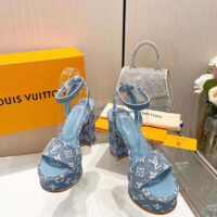 Louis Vuitton Women LV Fame Platform Sandal Blue Monogram Denim Leather 11.5 CM Heel (2)