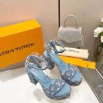 Louis Vuitton Women LV Fame Platform Sandal Blue Monogram Denim Leather 11.5 CM Heel - Imagen 3