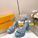 Louis Vuitton Women LV Fame Platform Sandal Blue Monogram Denim Leather 11.5 CM Heel - Imagen 7