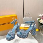 Louis Vuitton Women LV Fame Platform Sandal Blue Monogram Denim Leather 11.5 CM Heel - Imagen 5