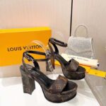 Louis Vuitton Women LV Fame Platform Sandal Brown Monogram Denim Leather 11.5 CM Heel - Imagen 6