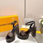 Louis Vuitton Women LV Fame Platform Sandal Brown Monogram Denim Leather 11.5 CM Heel - Imagen 3