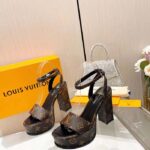 Louis Vuitton Women LV Fame Platform Sandal Brown Monogram Denim Leather 11.5 CM Heel - Imagen 2