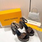 Louis Vuitton Women LV Fame Platform Sandal Brown Monogram Denim Leather 11.5 CM Heel - Imagen 7