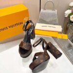 Louis Vuitton Women LV Fame Platform Sandal Brown Monogram Denim Leather 11.5 CM Heel - Imagen 4
