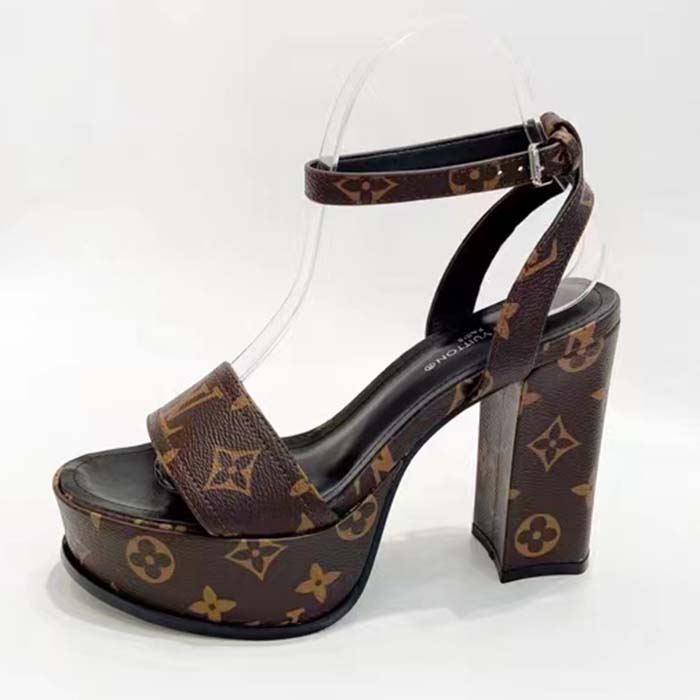 Louis Vuitton Women LV Fame Platform Sandal Brown Monogram Denim Leather 11.5 CM Heel