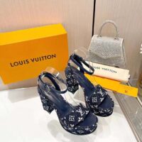 Louis Vuitton Women LV Fame Platform Sandal Navy Monogram Denim Leather 11.5 CM Heel (8)