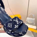 Louis Vuitton Women LV Fame Platform Sandal Navy Monogram Denim Leather 11.5 CM Heel - Image 8