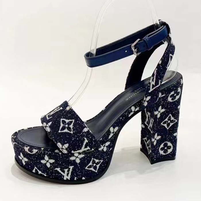 Louis Vuitton Women LV Fame Platform Sandal Navy Monogram Denim Leather 11.5 CM Heel
