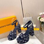 Louis Vuitton Women LV Fame Platform Sandal Navy Monogram Denim Leather 11.5 CM Heel - Image 4