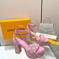 Louis Vuitton Women LV Fame Platform Sandal Pink Monogram Denim Leather 11.5 CM Heel (1)