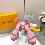 Louis Vuitton Women LV Fame Platform Sandal Pink Monogram Denim Leather 11.5 CM Heel – Bild 2