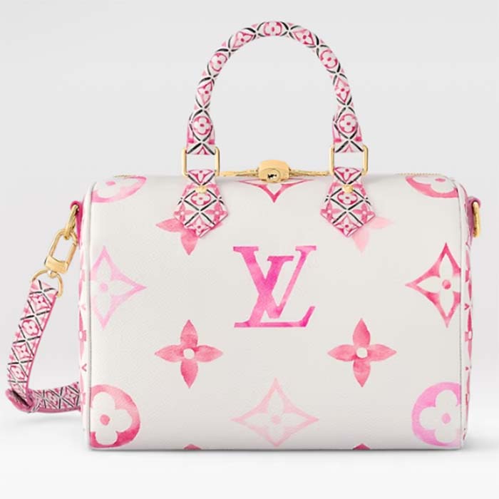 Louis Vuitton Women LV Speedy Bandoulière 25 Pink Monogram Coated Canvas Double Zip Padlock
