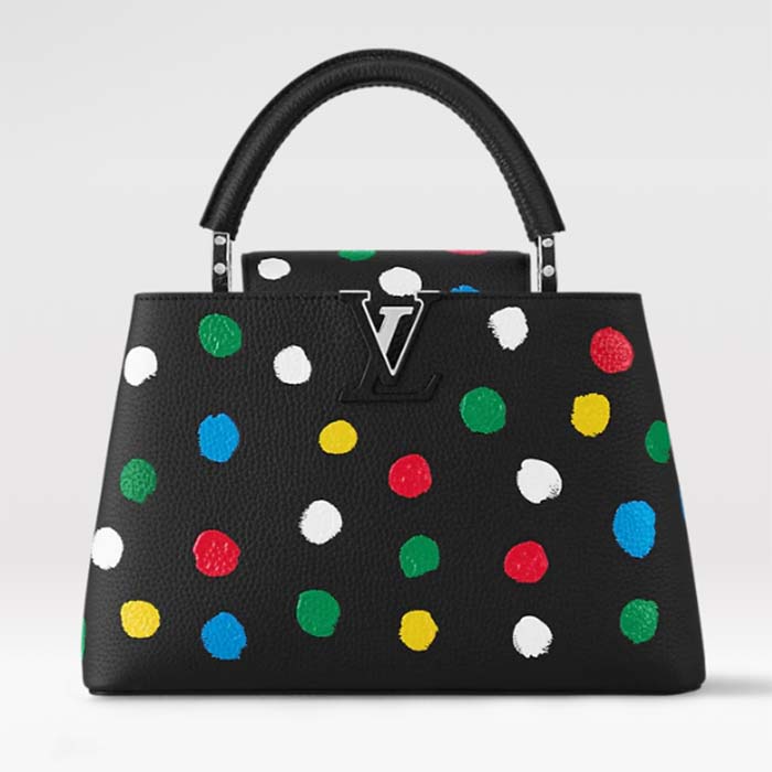 Louis Vuitton Women LV x YK Capucines MM Black Taurillon Bull Calf Leather 3D Painted Dots Print