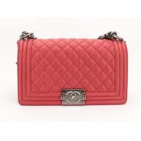 Chanel Women CC Leboy Flap Bag Chain in Calfskin Leather-Red