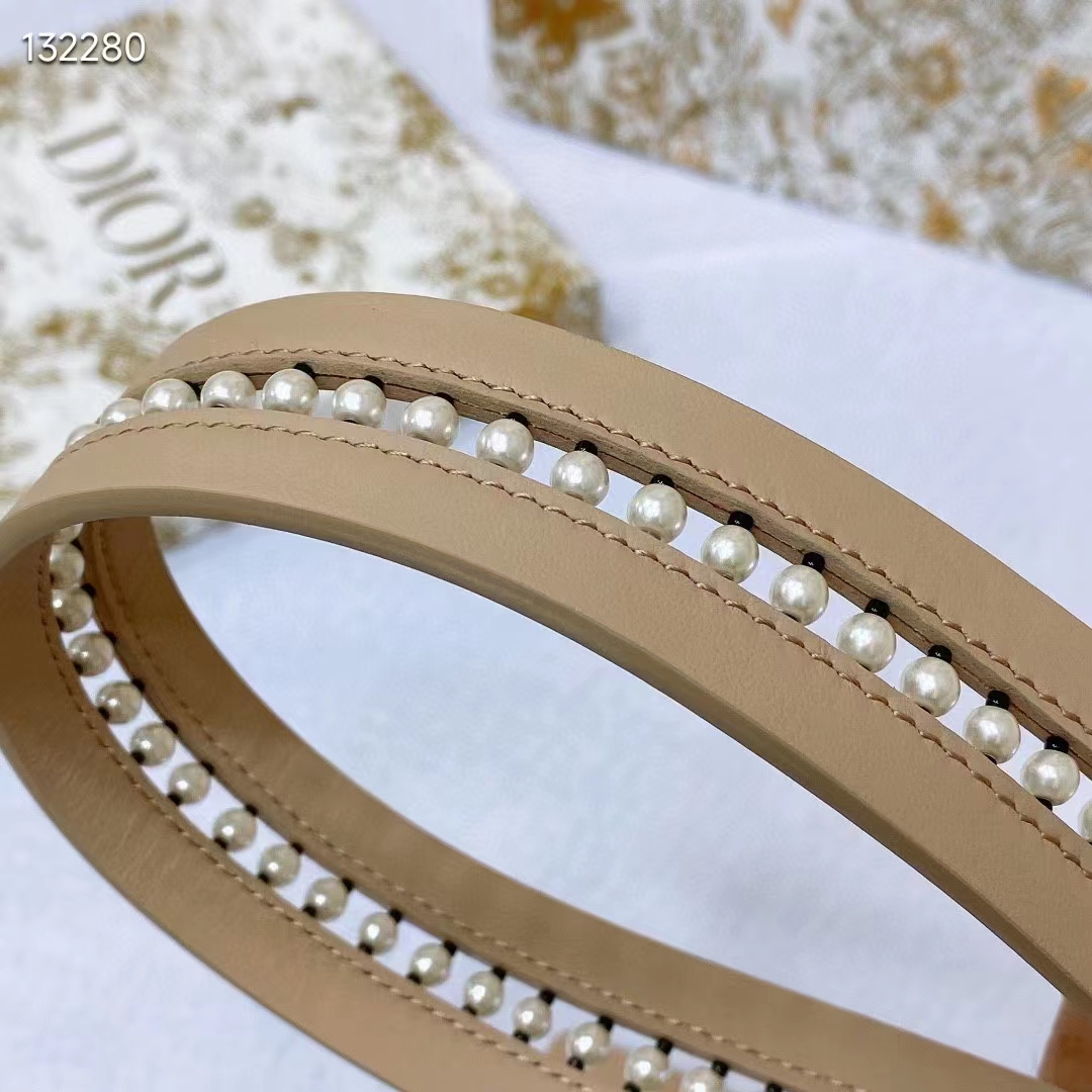 Dior CD Women 30 Montaigne Belt Aesthetic Beige Smooth Calfskin White Glass Pearls 25 MM Width (4)