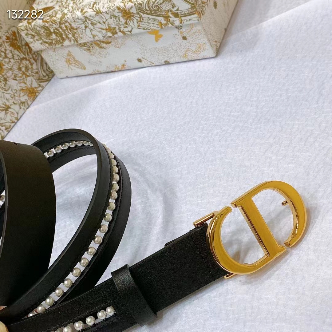 Dior CD Women 30 Montaigne Belt Aesthetic Black Smooth Calfskin White Glass Pearls 25 MM Width (3)