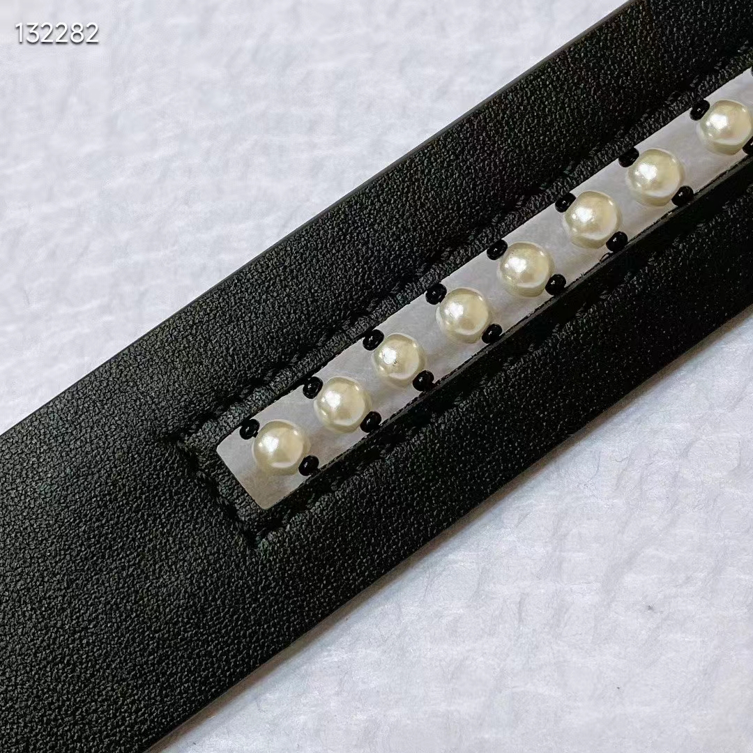 Dior CD Women 30 Montaigne Belt Aesthetic Black Smooth Calfskin White Glass Pearls 25 MM Width (6)