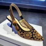 Dior CD Women J'Adior Slingback Pump Blue Denim Embroidered Camel-Colored Saint-Gall Motif - Image 2