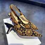Dior CD Women J'Adior Slingback Pump Blue Denim Embroidered Camel-Colored Saint-Gall Motif - Image 3