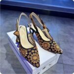 Dior CD Women J'Adior Slingback Pump Blue Denim Embroidered Camel-Colored Saint-Gall Motif - Image 4