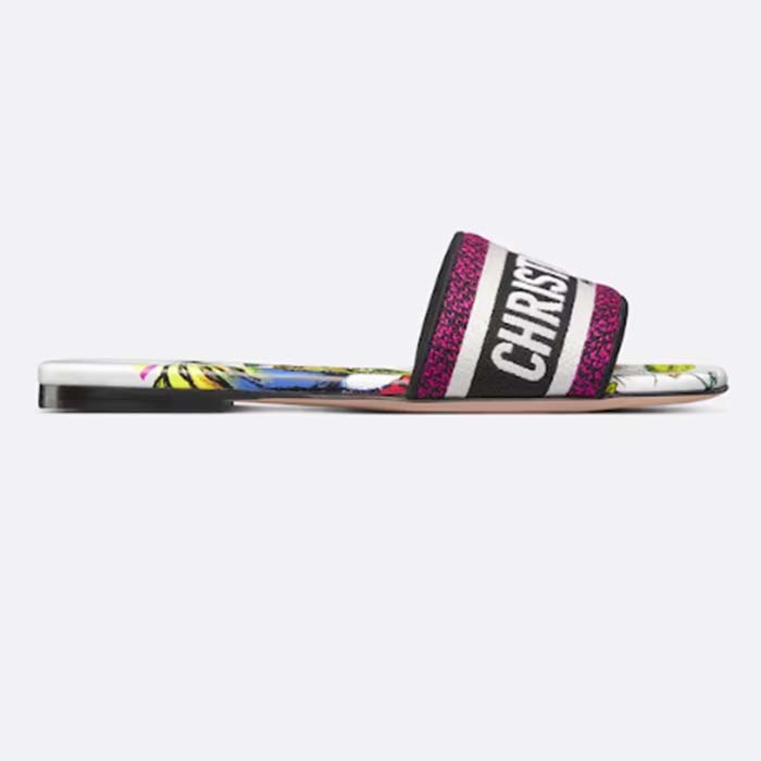 Dior Unisex CD Dway Heeled Slide Embroidered Cotton White Multicolor Indian Animals Tiger
