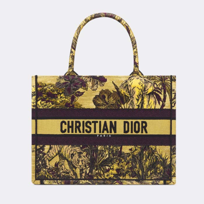 Dior Unisex CD Medium Book Tote Yellow Multicolor Toile De Jouy Voyage Embroidery