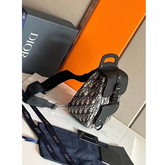 Dior Unisex CD Mini Gallop Sling Bag Beige Black Oblique Jacquard Black Grained Calfskin